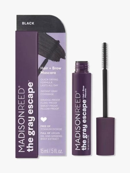 Madison Reed The Gray Escape Hair and Brow Mascara purple tube of brow gel on light gray background