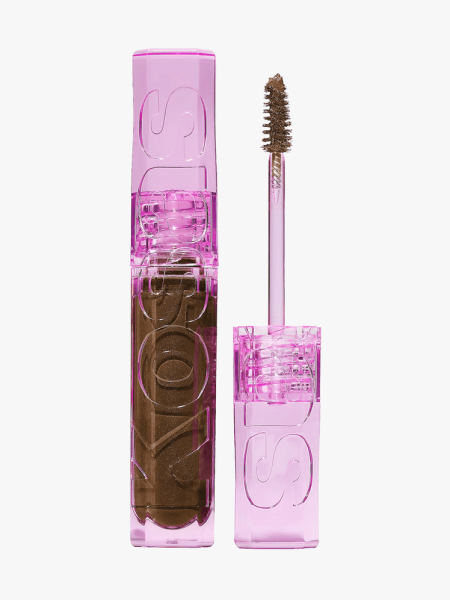 Kosas Air Brow Tinted Eyebrow Gel in clear purple branded component with brush applicator on light gray background